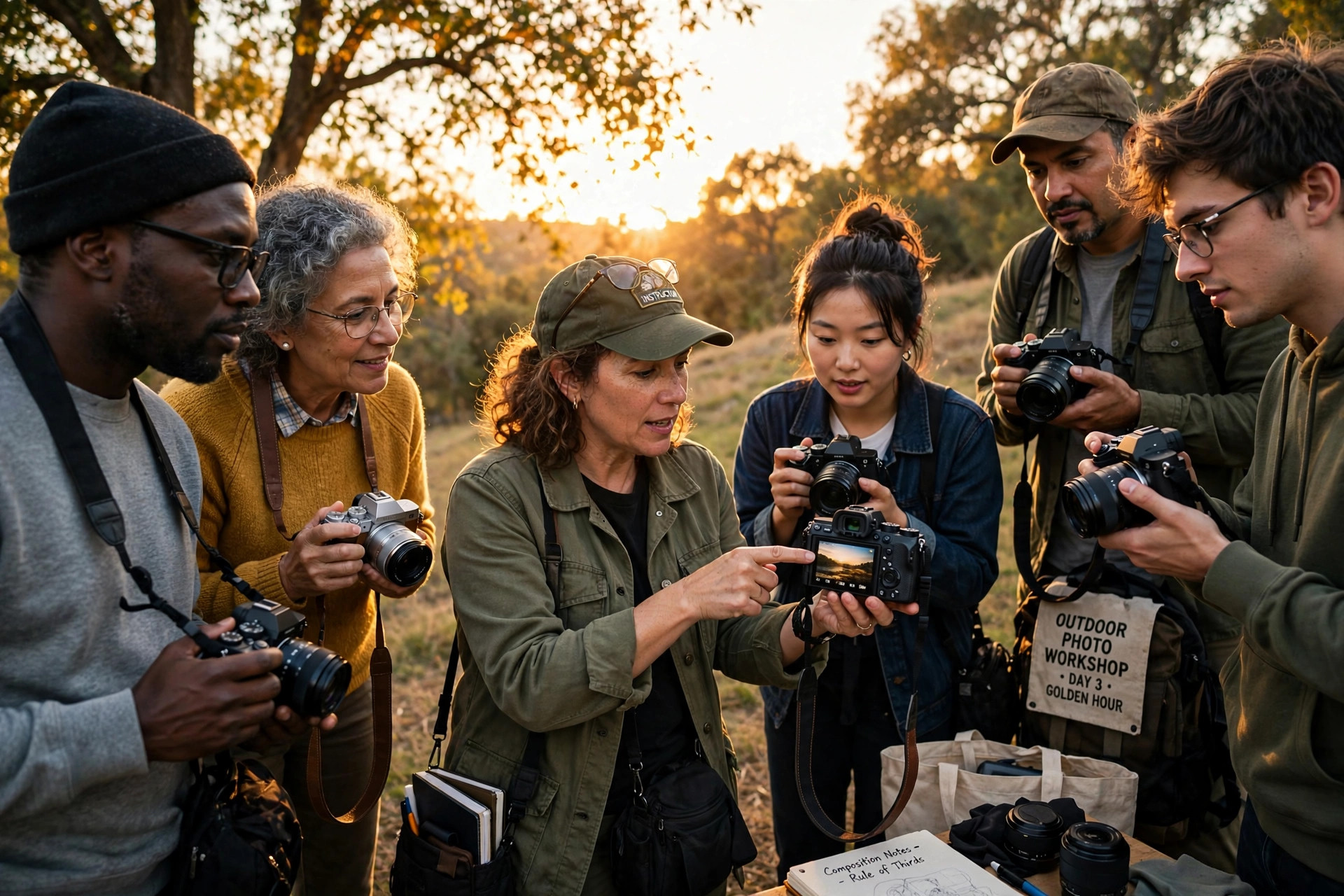 Group of photographers learning together at golden hour