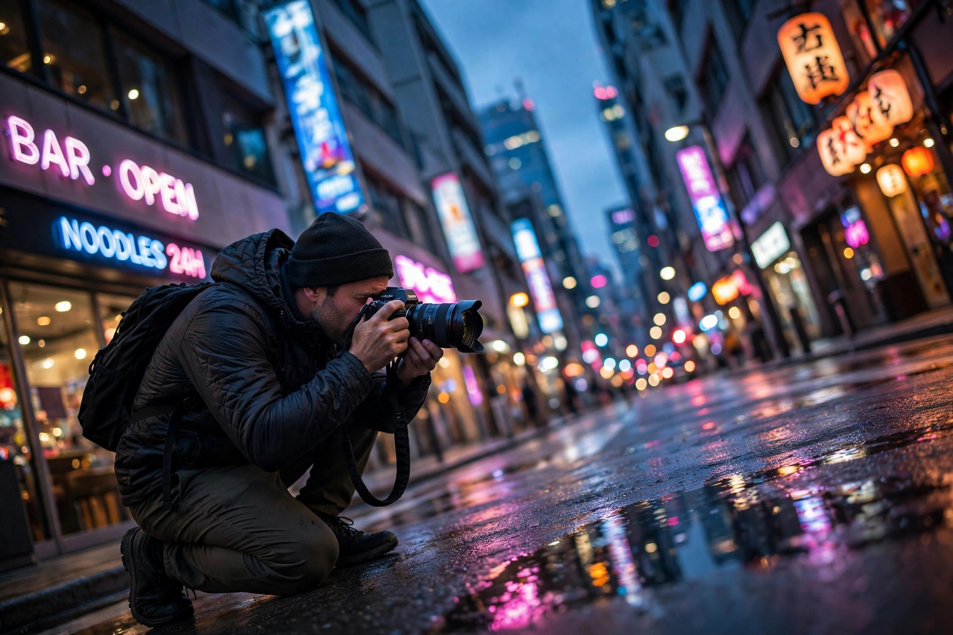 Photographer crouching for a shot in neon city light